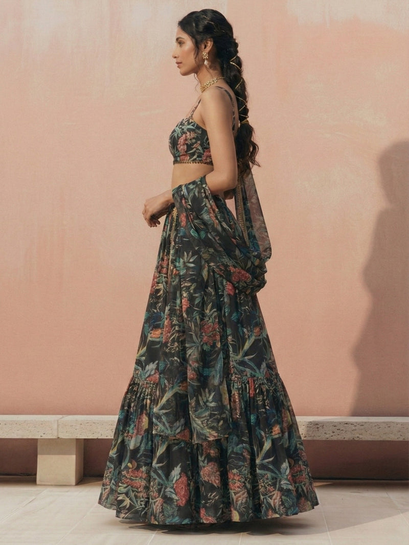 Midnight Bloom Printed Georgette Lehenga Set