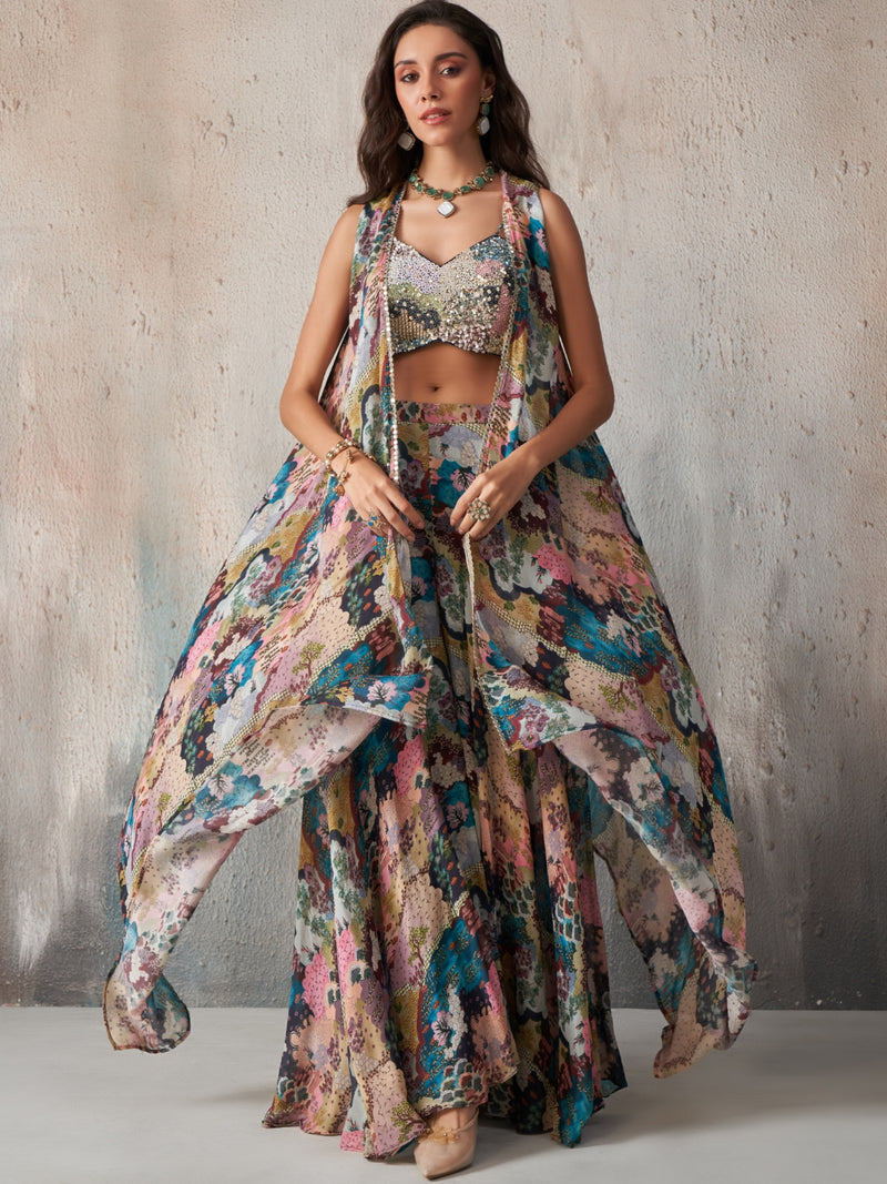 Elara Printed Chinnon Cape Sharara Set