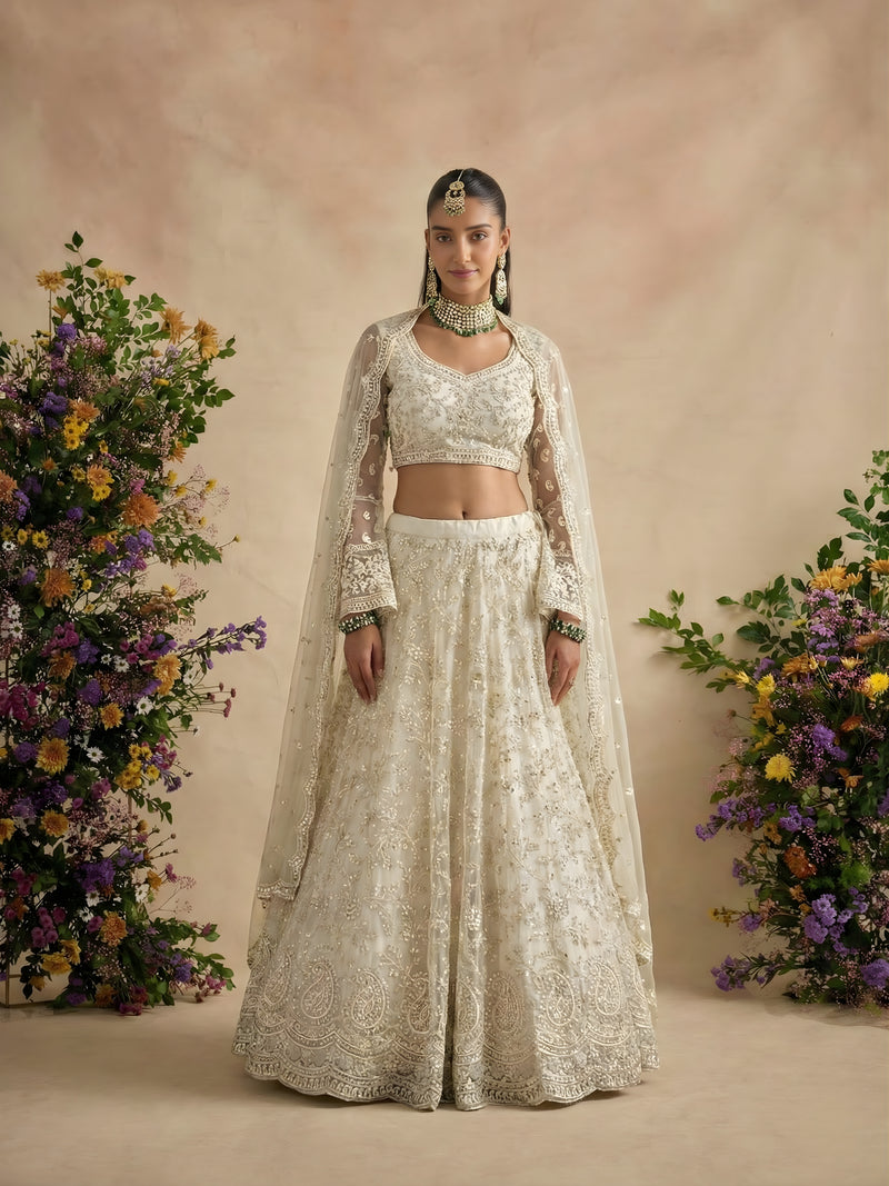 Ivory Color Heavy Embroidered Net Lehenga Choli With Dupatta