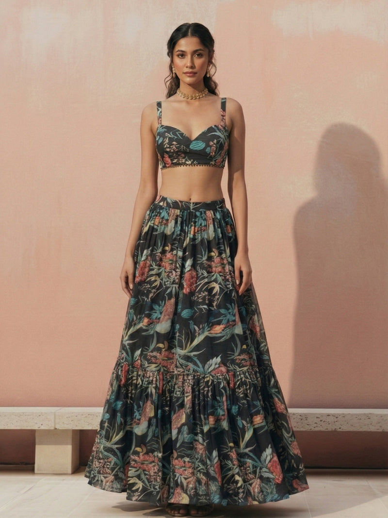 Midnight Bloom Printed Georgette Lehenga Set