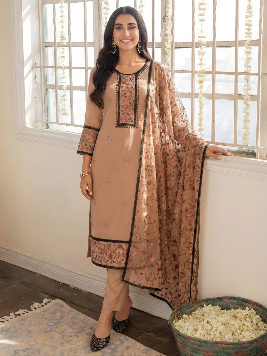 Dusty Rose Multicolour Thread Embroidered Georgette Pant Suit