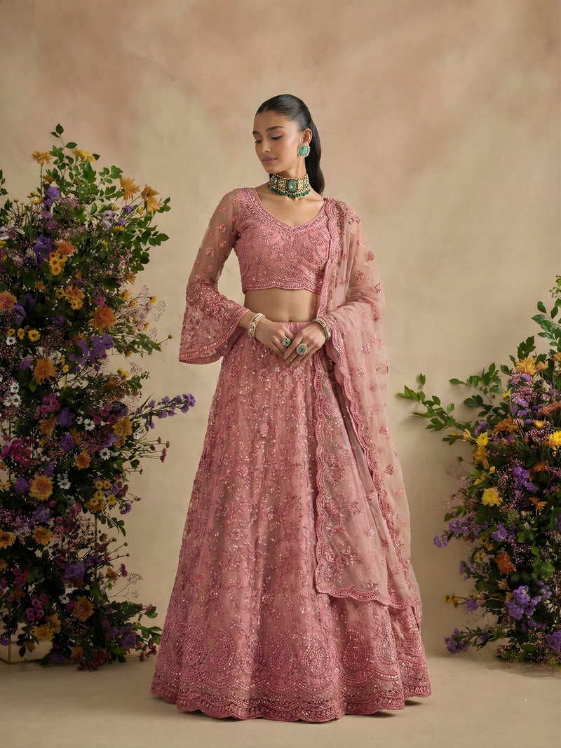 Gajri Color Heavy Embroidered Net Lehenga Choli With Dupatta