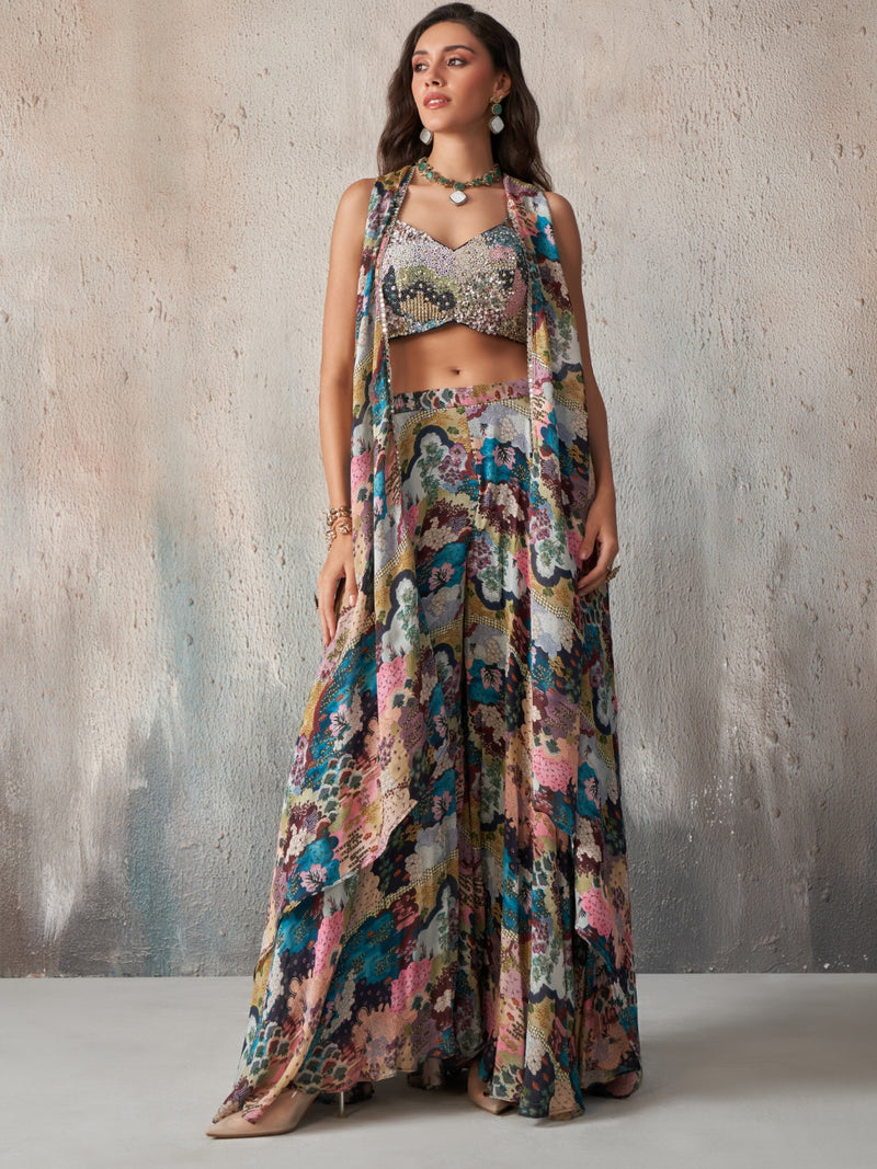 Elara Printed Chinnon Cape Sharara Set