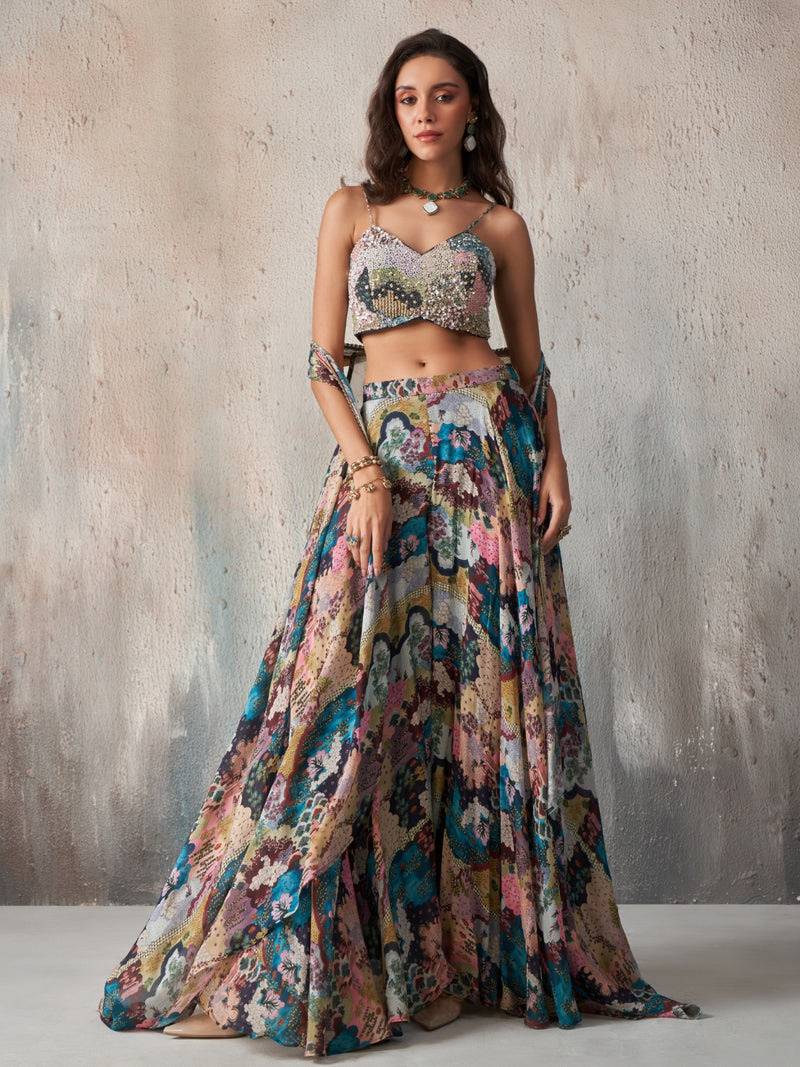 Elara Printed Chinnon Cape Sharara Set