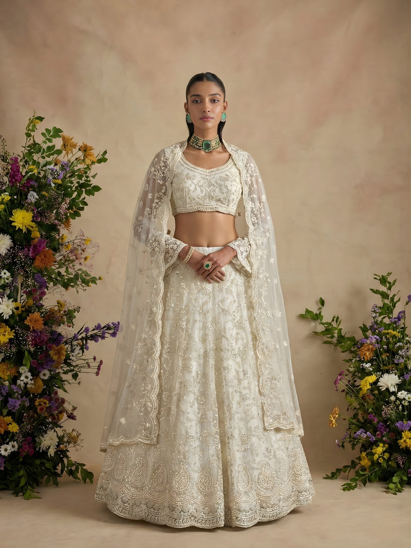 Ivory Color Heavy Embroidered Net Lehenga Choli With Dupatta