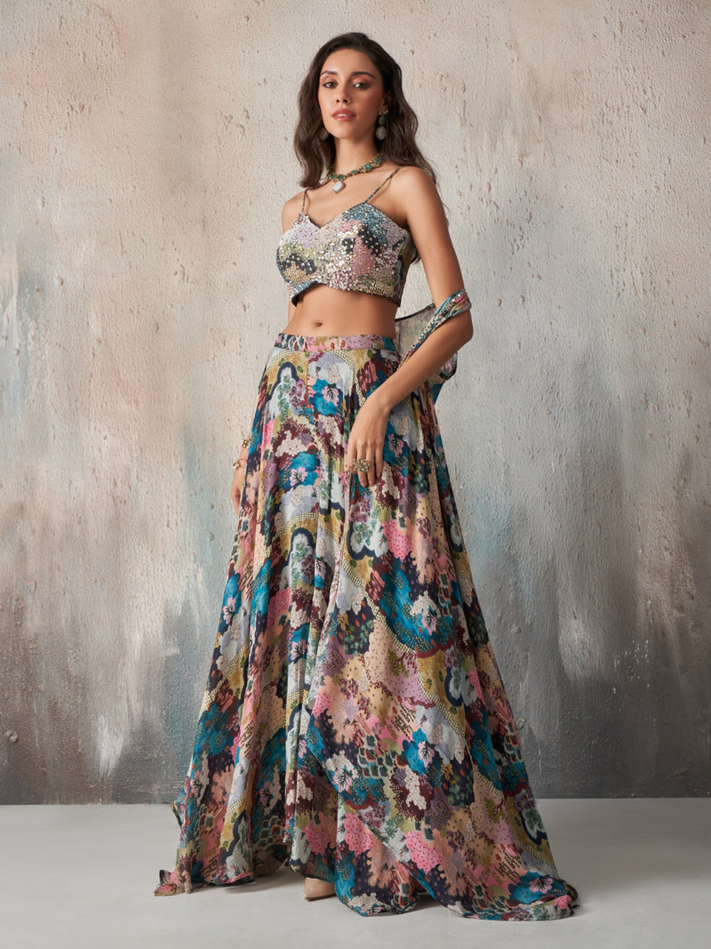 Elara Printed Chinnon Cape Sharara Set