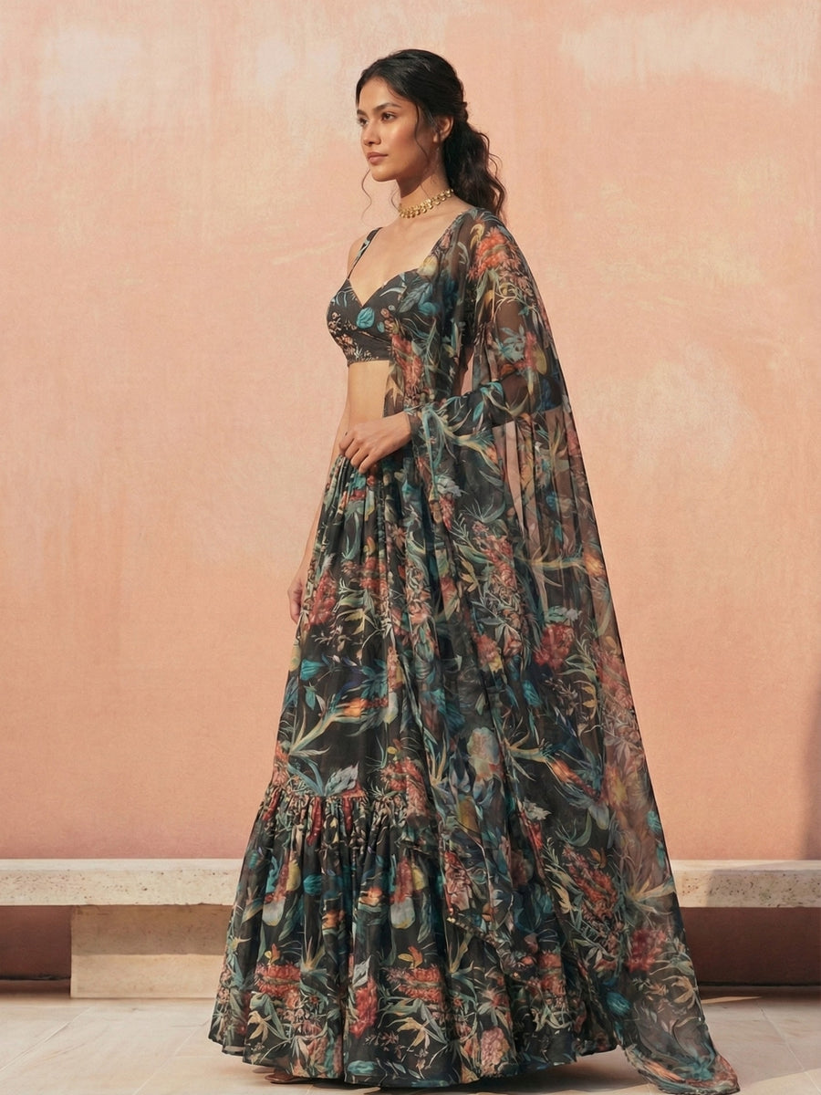 Midnight Bloom Printed Georgette Lehenga Set