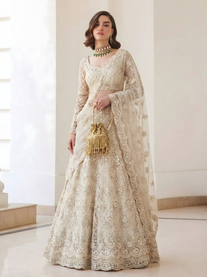 Ivory Color Heavy Embroidered Net Lehenga Choli With Dupatta