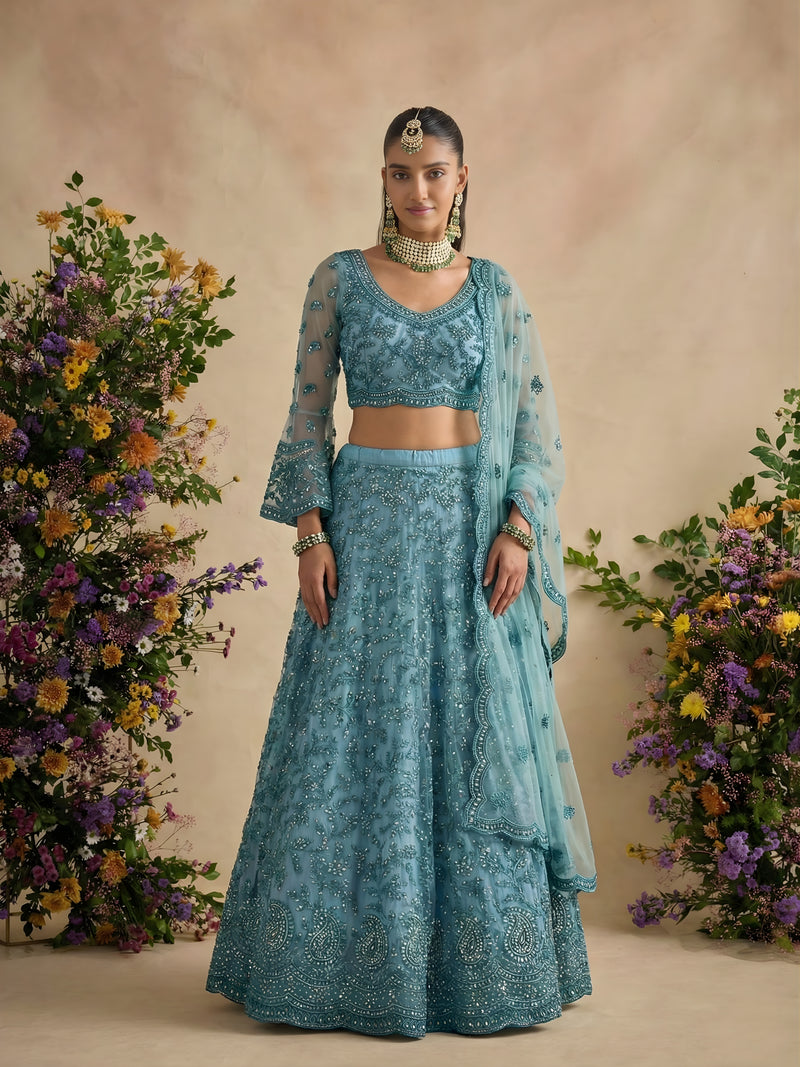 Sea Blue Color Heavy Embroidered Net Lehenga Choli With Dupatta