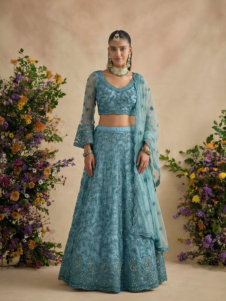 Sea Blue Color Heavy Embroidered Net Lehenga Choli With Dupatta