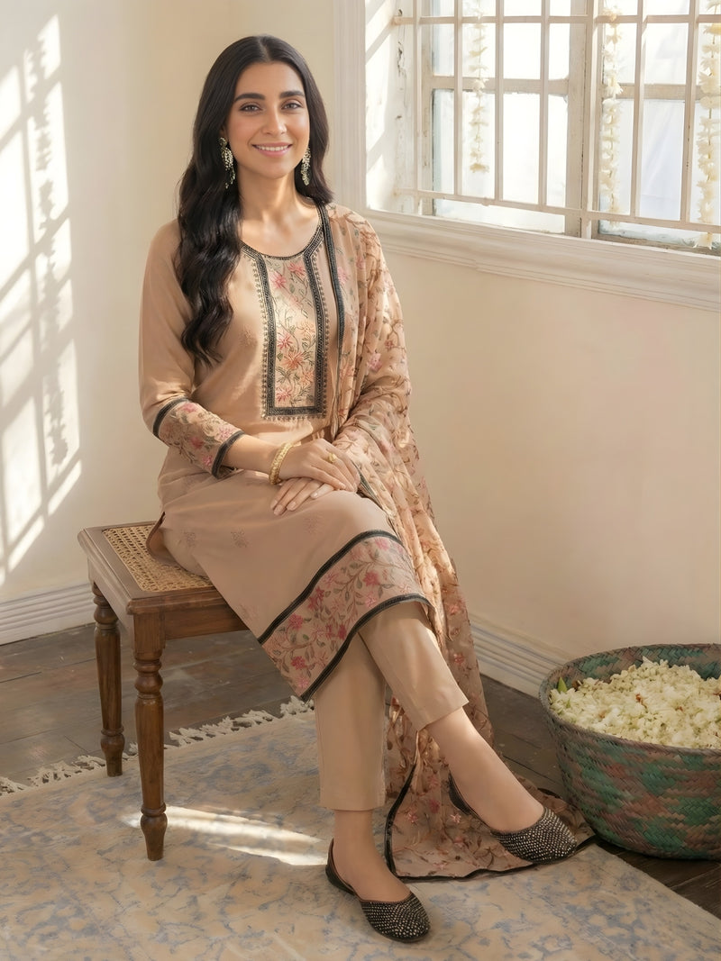 Dusty Rose Multicolour Thread Embroidered Georgette Pant Suit