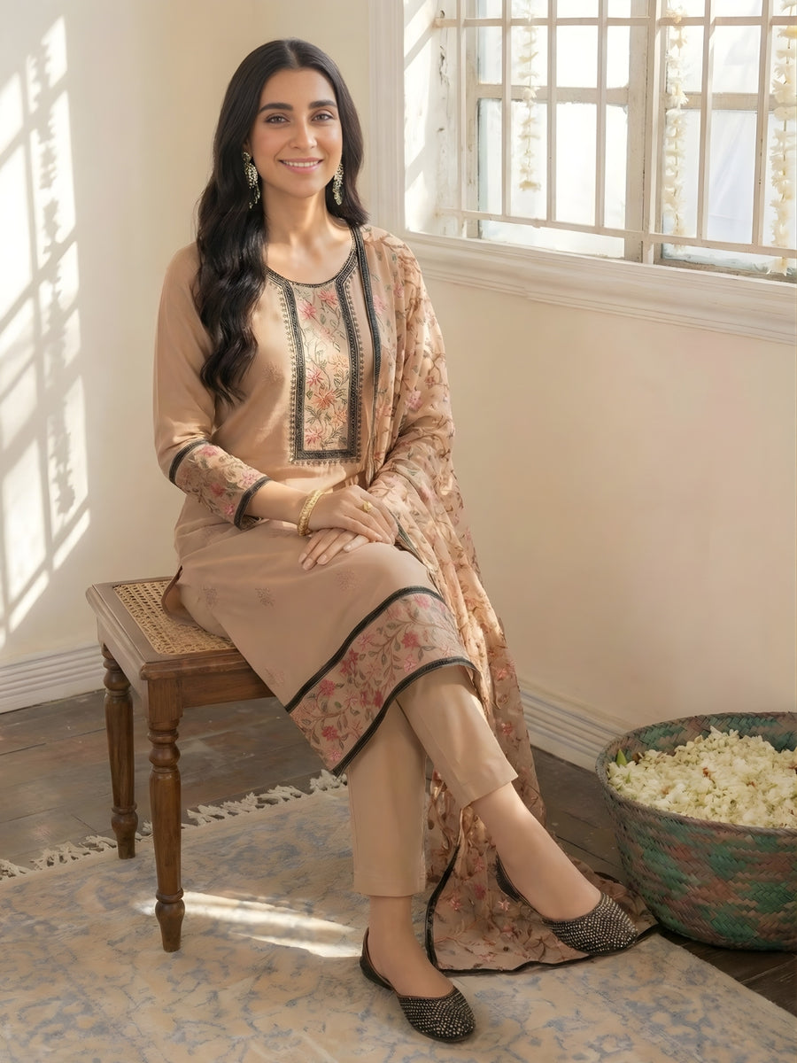 Dusty Rose Multicolour Thread Embroidered Georgette Pant Suit