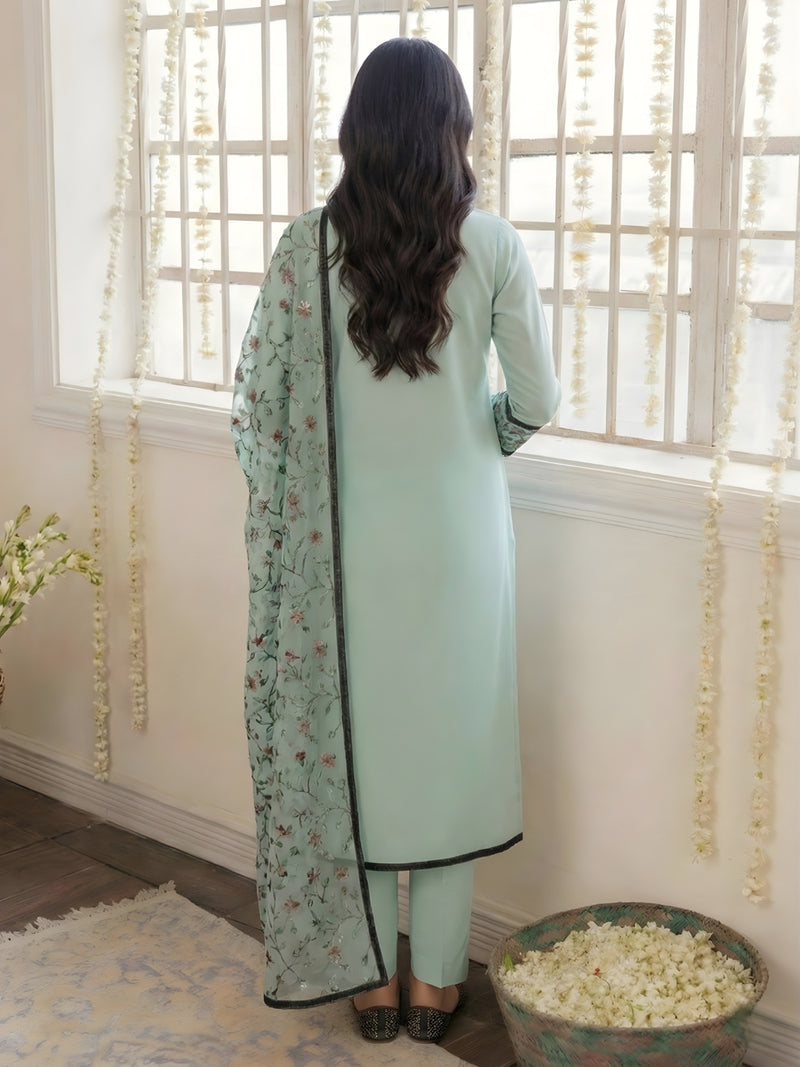 Mint Green Floral Embroidered Georgette Pant Set with Dupatta