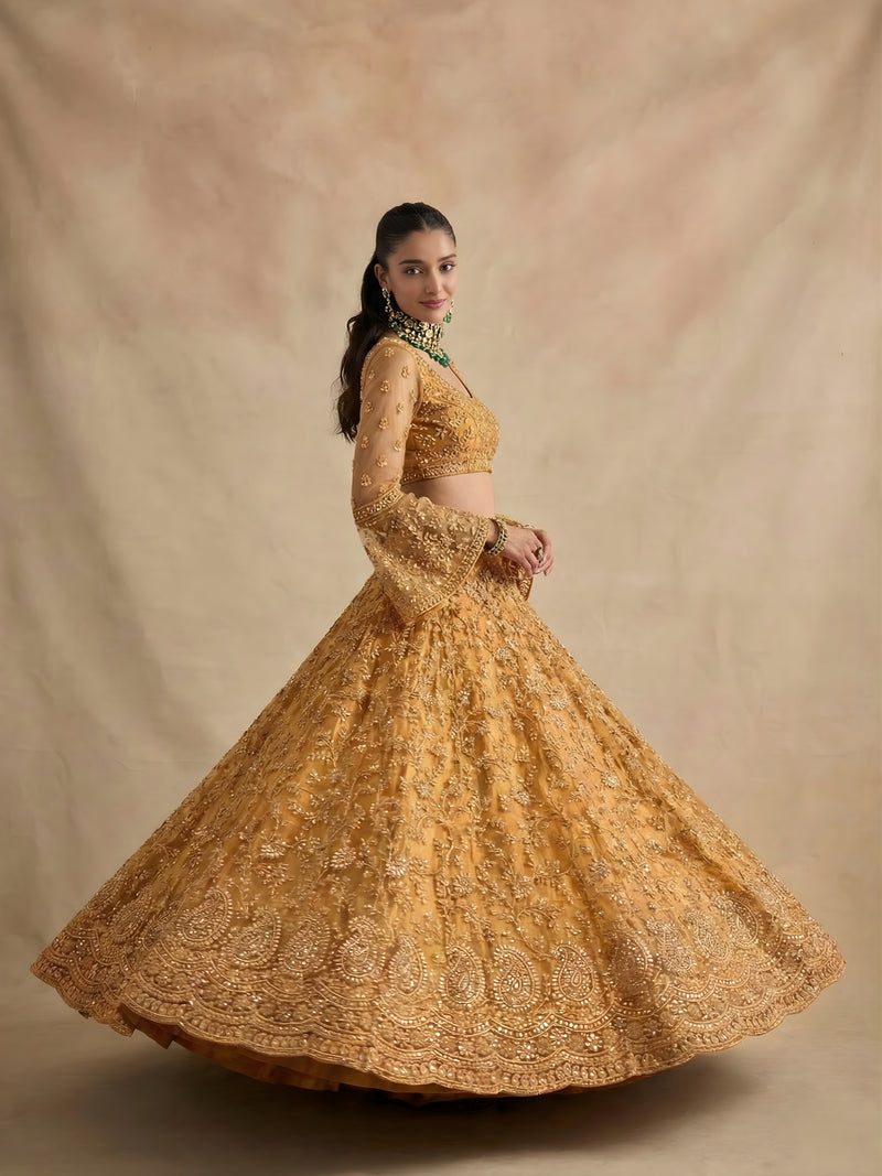Rust Color Heavy Embroidered Lehenga Choli on Net