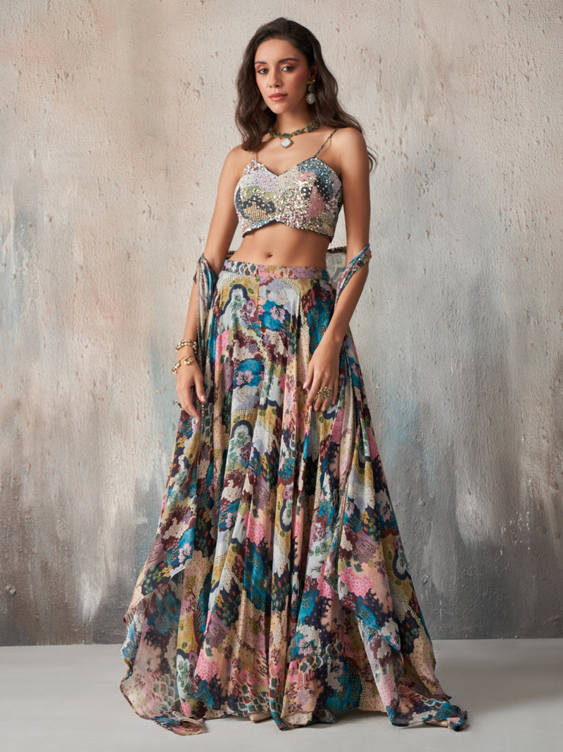 Elara Printed Chinnon Cape Sharara Set