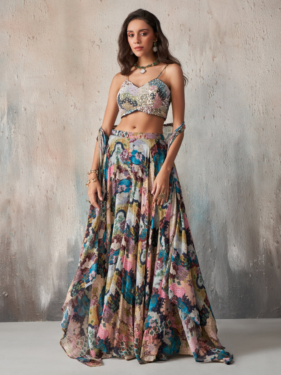 Elara Printed Chinnon Cape Sharara Set