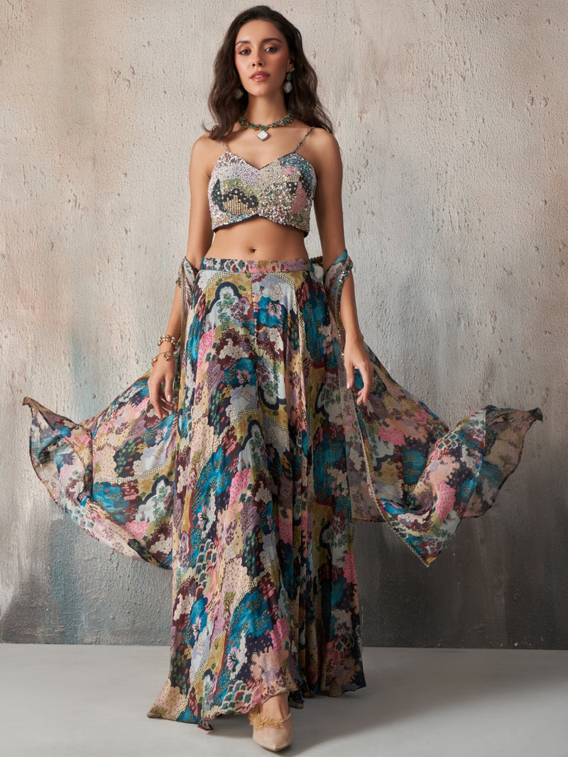 Elara Printed Chinnon Cape Sharara Set