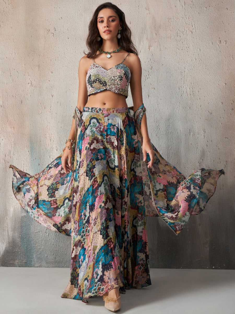 Elara Printed Chinnon Cape Sharara Set