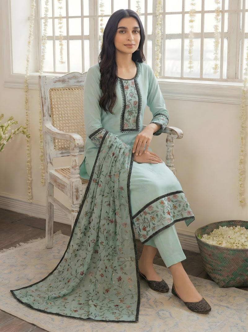 Mint Green Floral Embroidered Georgette Pant Set with Dupatta