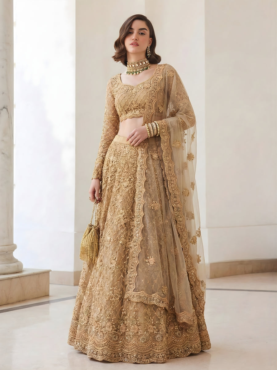 Golden Color Heavy Embroidered Net Lehenga Choli With Dupatta