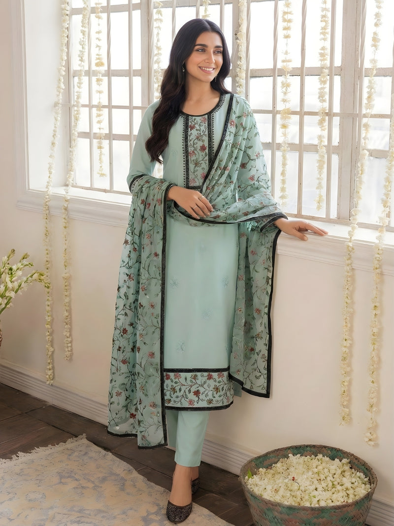 Mint Green Floral Embroidered Georgette Pant Set with Dupatta