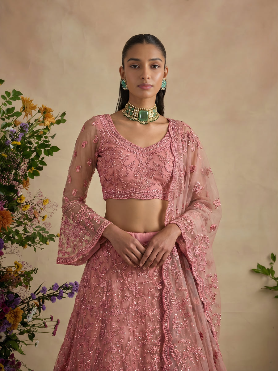 Gajri Color Heavy Embroidered Net Lehenga Choli With Dupatta