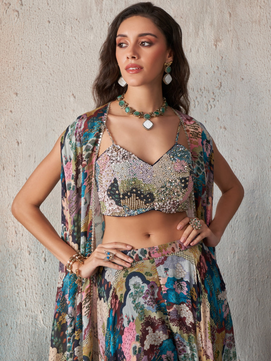Elara Printed Chinnon Cape Sharara Set