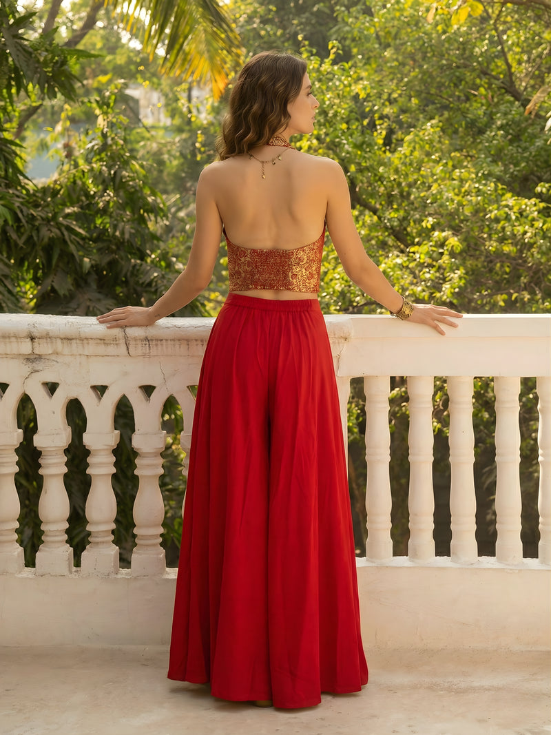 Crimson Glow Jacquard Waistcoat & Skirt Co-ord Set