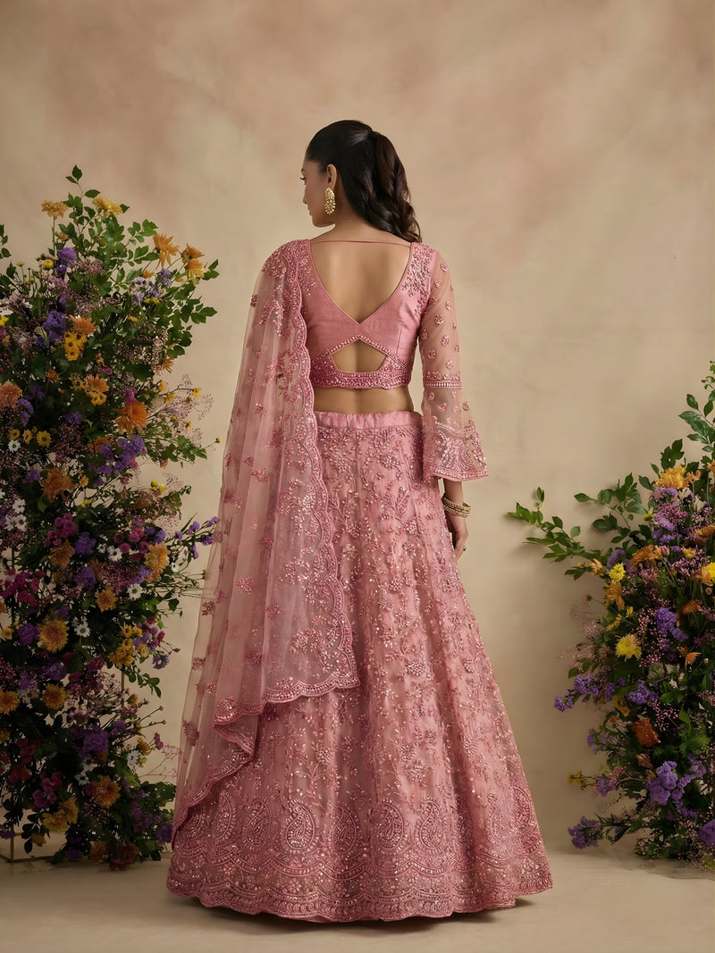 Gajri Color Heavy Embroidered Net Lehenga Choli With Dupatta