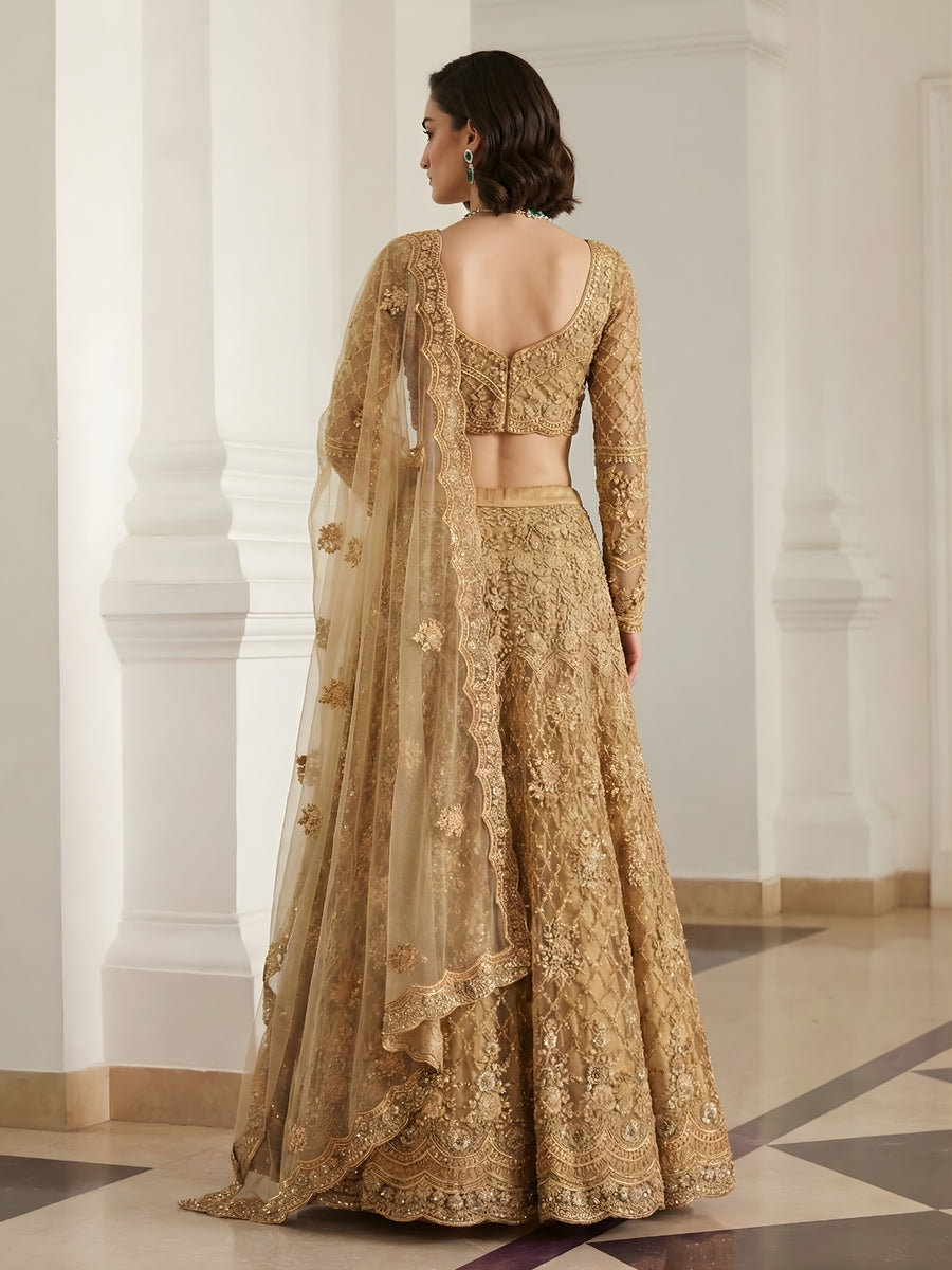 Golden Color Heavy Embroidered Net Lehenga Choli With Dupatta