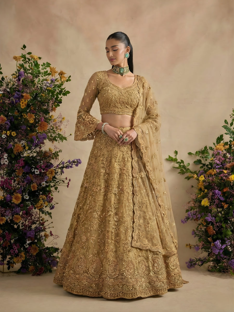 Golden Color Heavy Embroidered Net Lehenga Choli With Dupatta