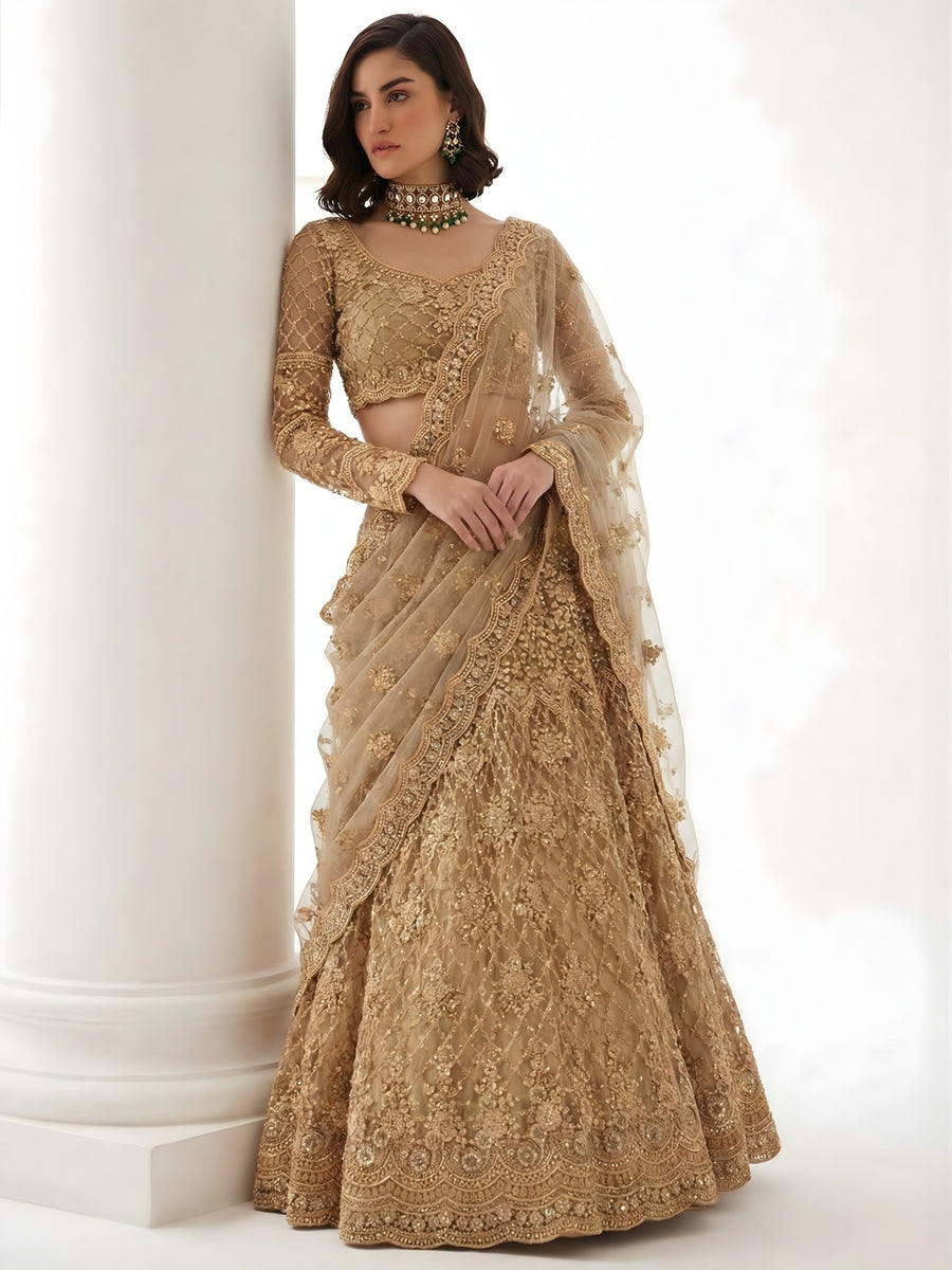 Golden Color Heavy Embroidered Net Lehenga Choli With Dupatta