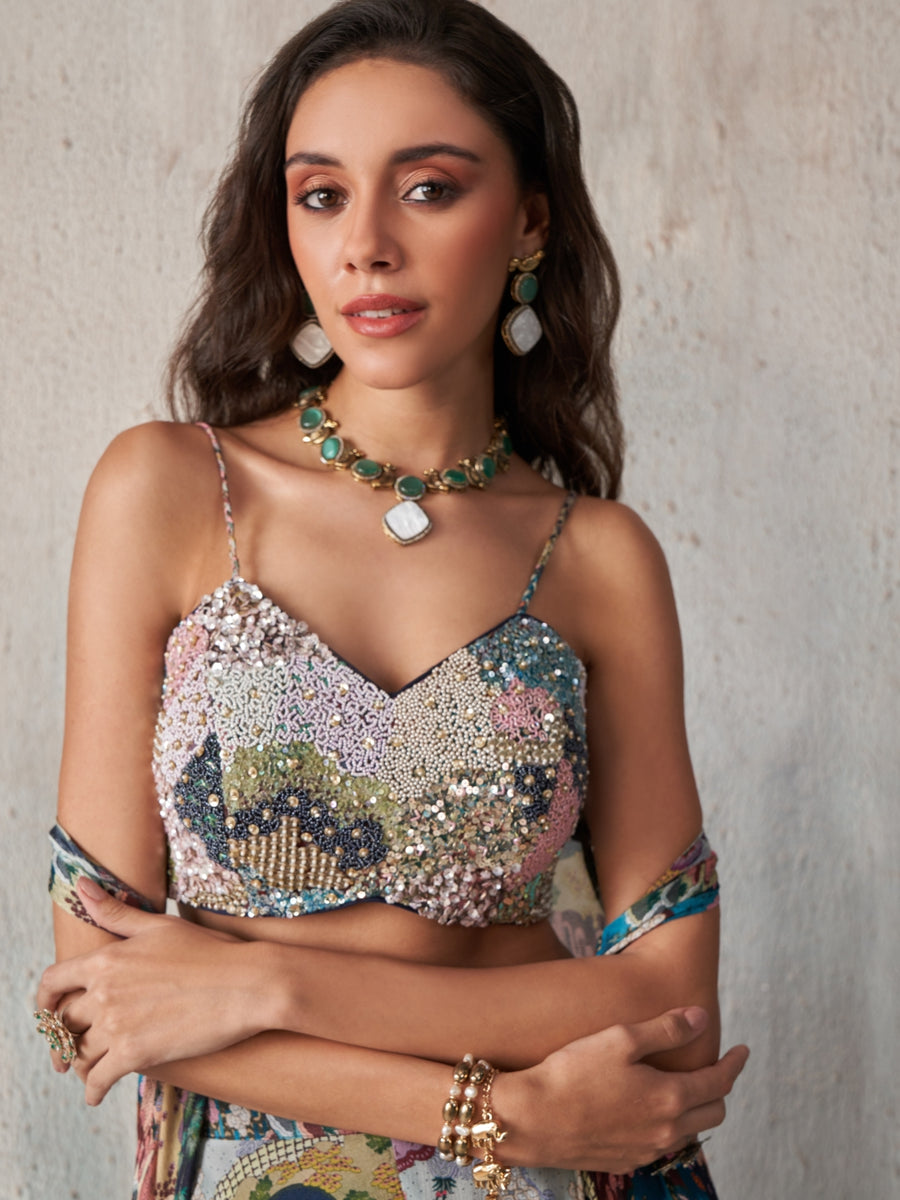 Elara Printed Chinnon Cape Sharara Set