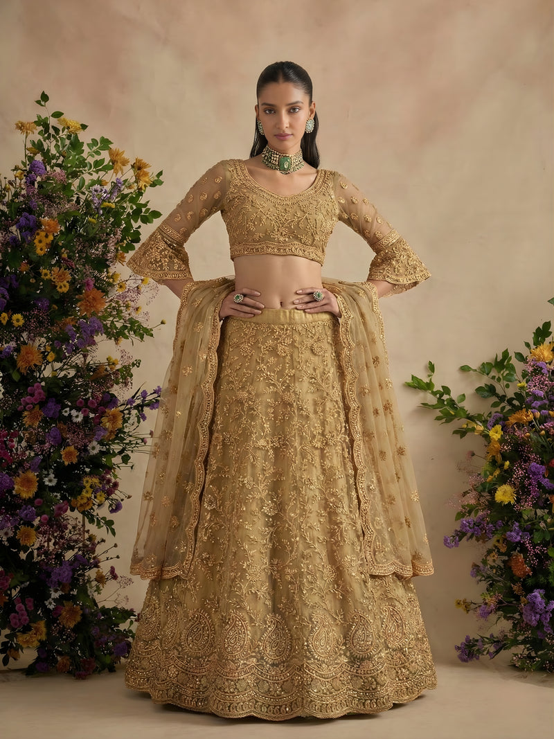 Golden Color Heavy Embroidered Net Lehenga Choli With Dupatta