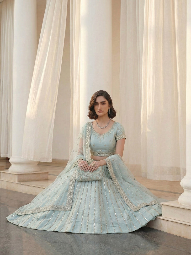 Soft Mint Mirror-Embellished Lehenga Set