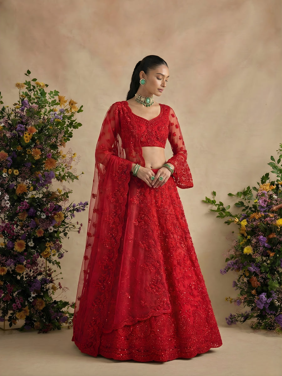 Red Color Heavy Embroidered Net Lehenga Choli With Dupatta