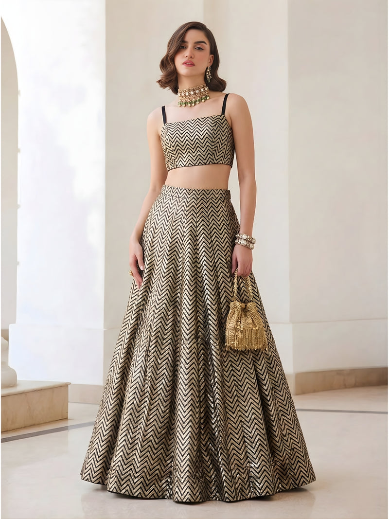 Gold Weave Jacquard Indo-Western Lehenga Set