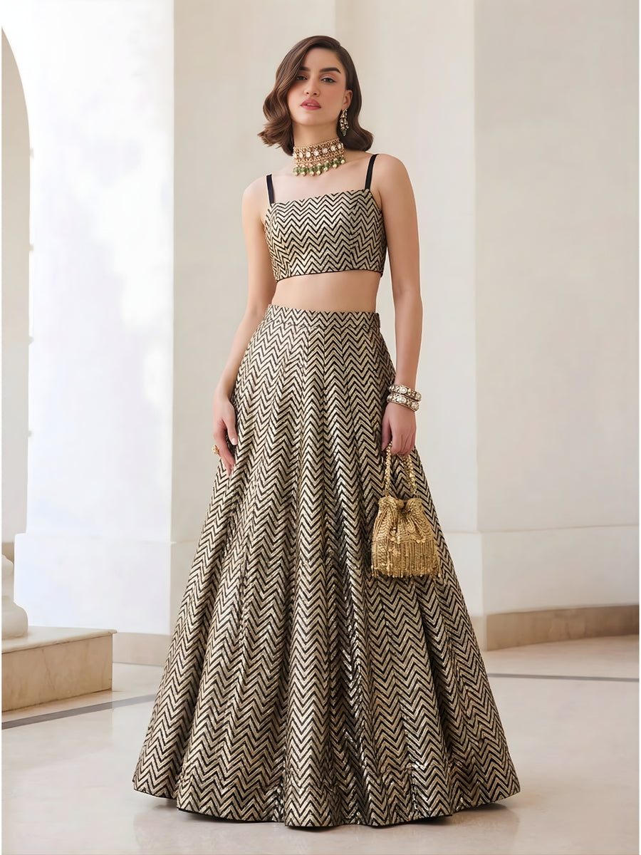 Gold Weave Jacquard Indo-Western Lehenga Set