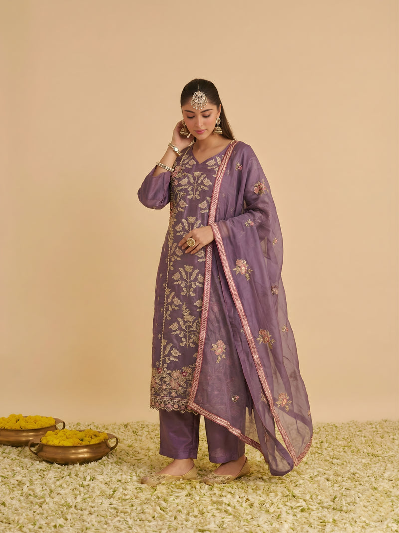 Zariya Lilac Shimmer Silk Suit Set