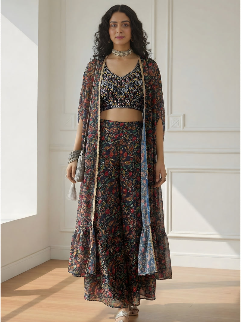 Midnight Opal Sharara And Cape Set