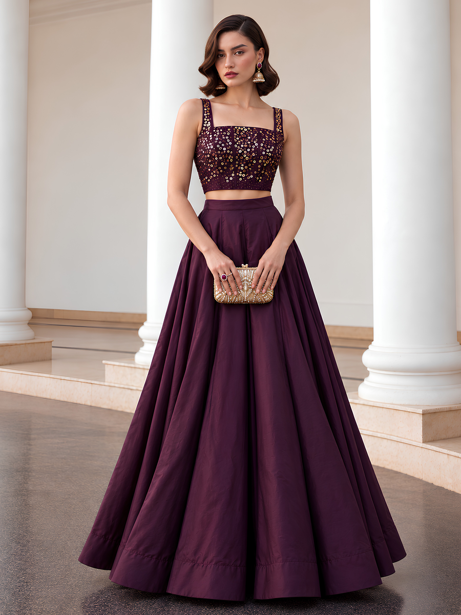 Midnight Noir deep plum lehenga set with gold-embellished square-neck choli and full flared skirt