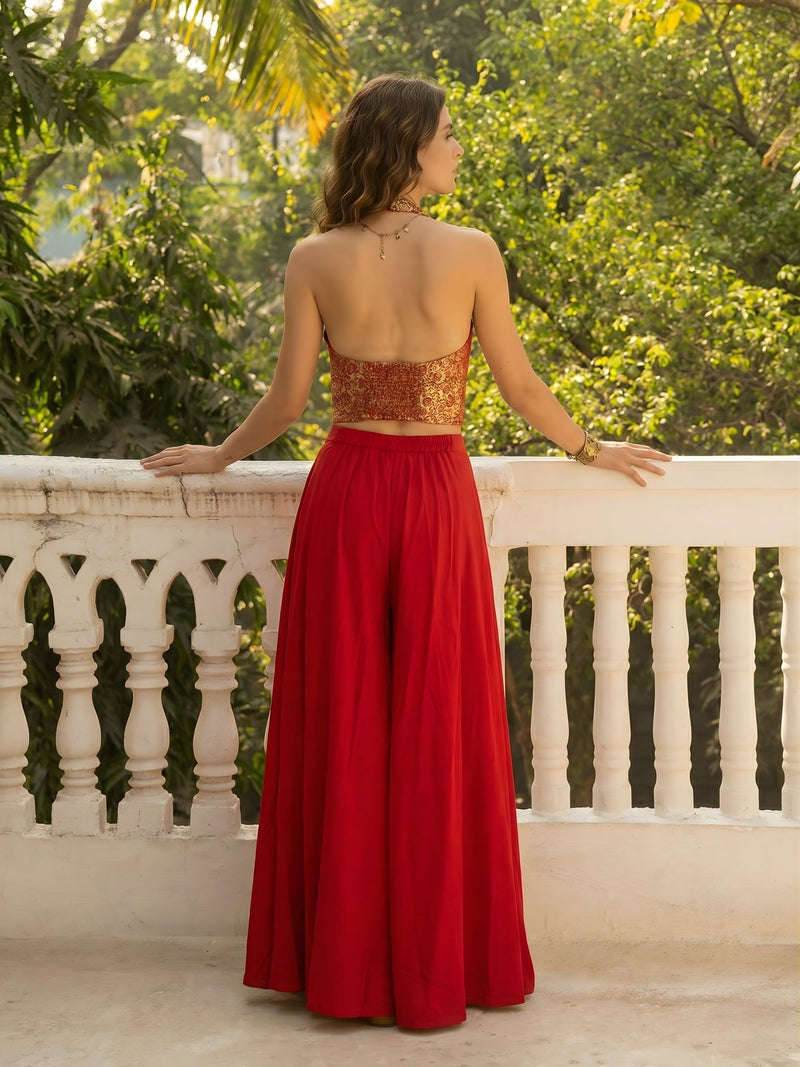 Crimson Glow Jacquard Waistcoat & Skirt Co - ord Set - Alizeh Official