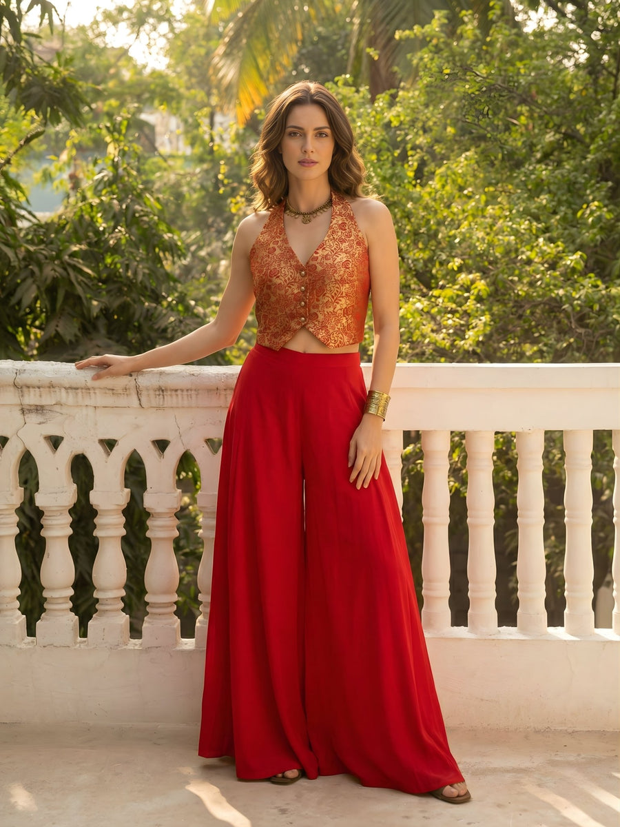 Crimson Glow Jacquard Waistcoat & Skirt Co - ord Set - Alizeh Official