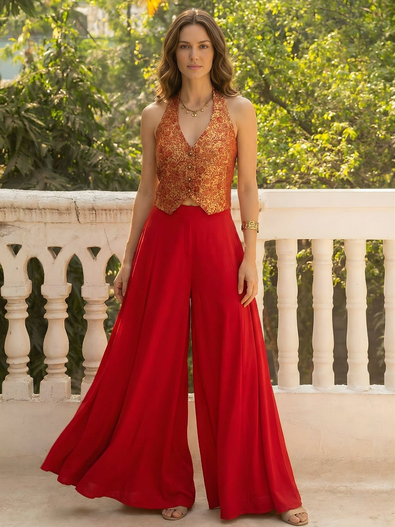 Crimson Glow Jacquard Waistcoat & Skirt Co - ord Set - Alizeh Official