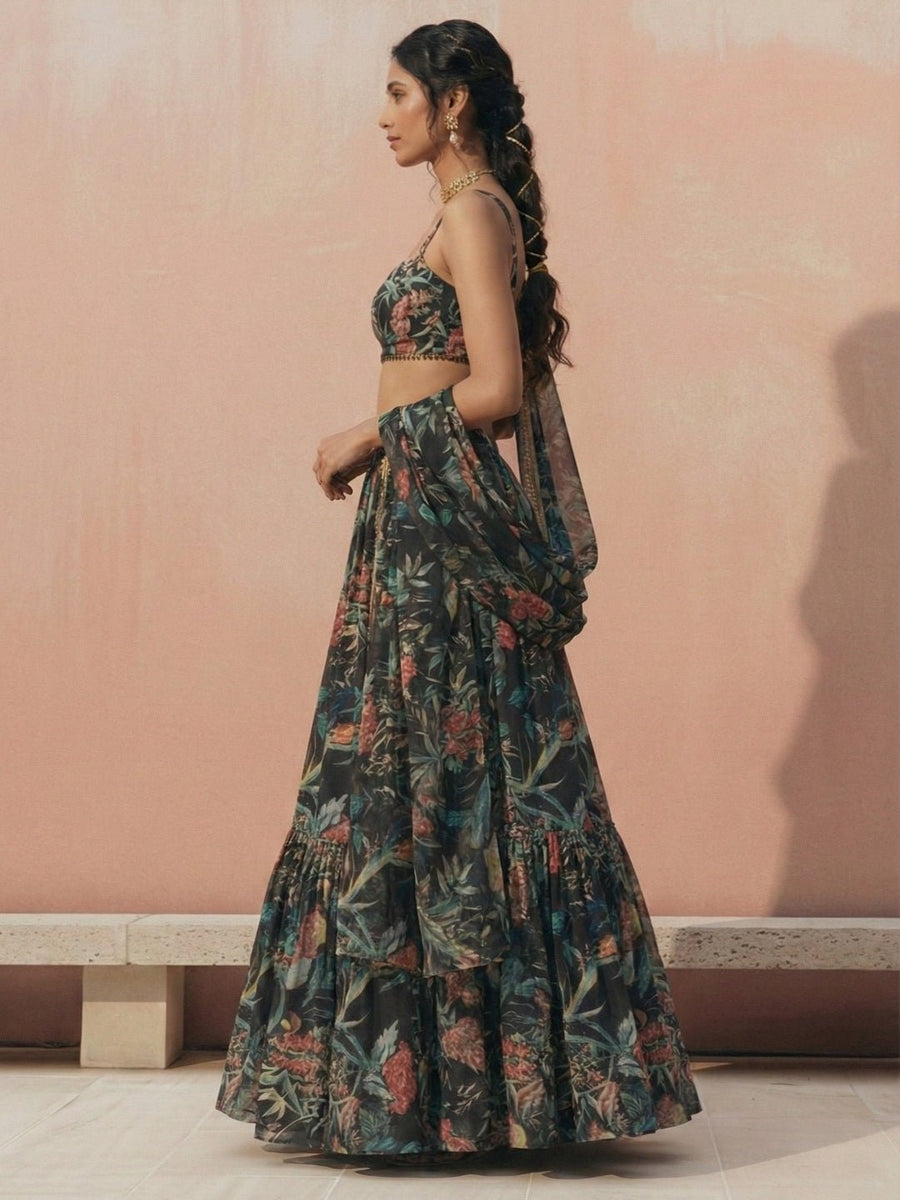 Midnight Bloom Printed Georgette Lehenga Set - Alizeh Official
