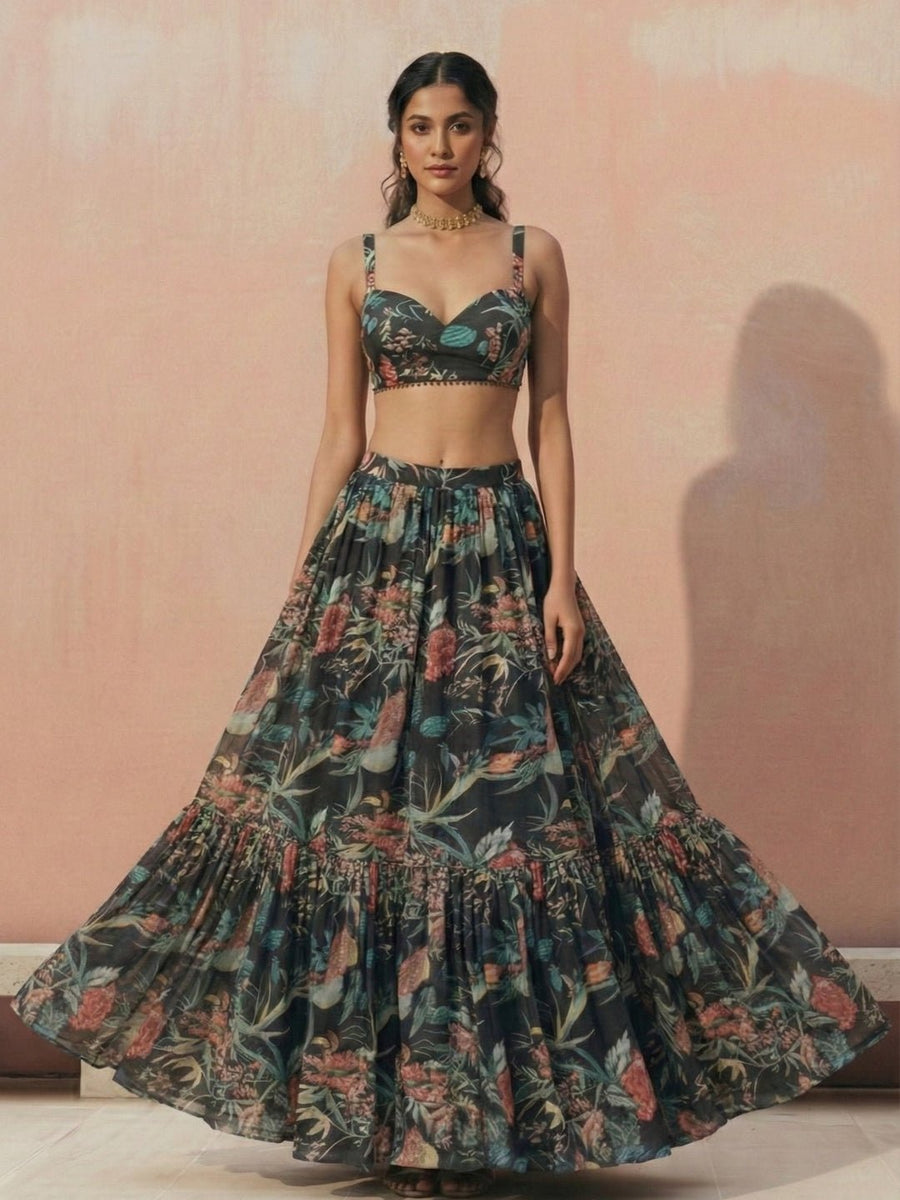 Midnight Bloom Printed Georgette Lehenga Set - Alizeh Official