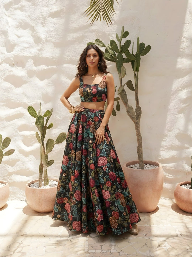 Midnight Bloom Printed Silk Lehenga Set - Alizeh Official