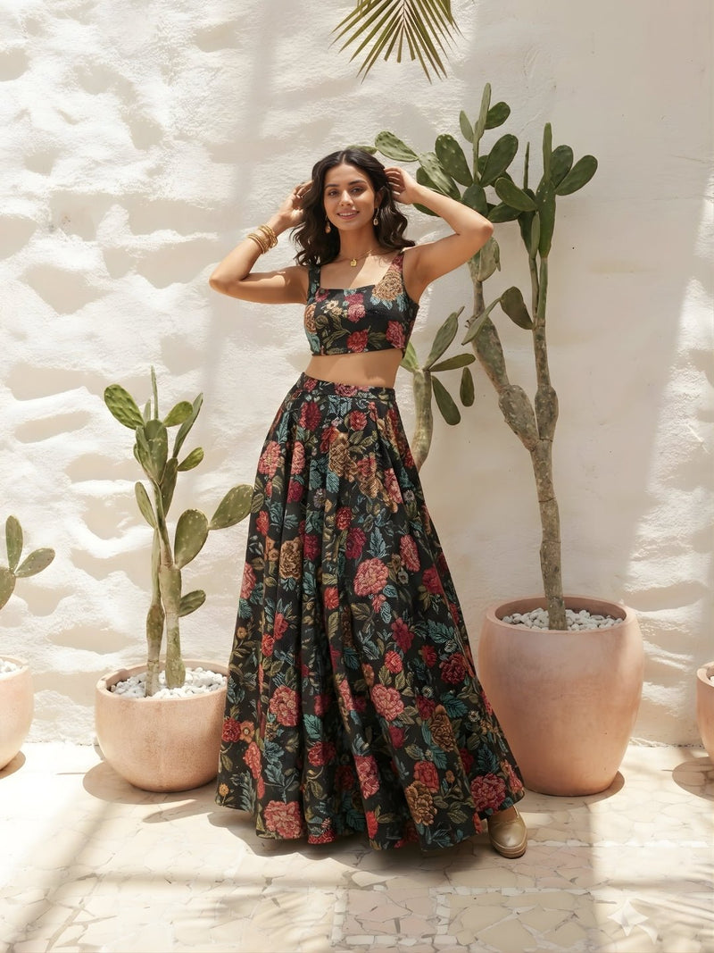 Midnight Bloom Printed Silk Lehenga Set - Alizeh Official