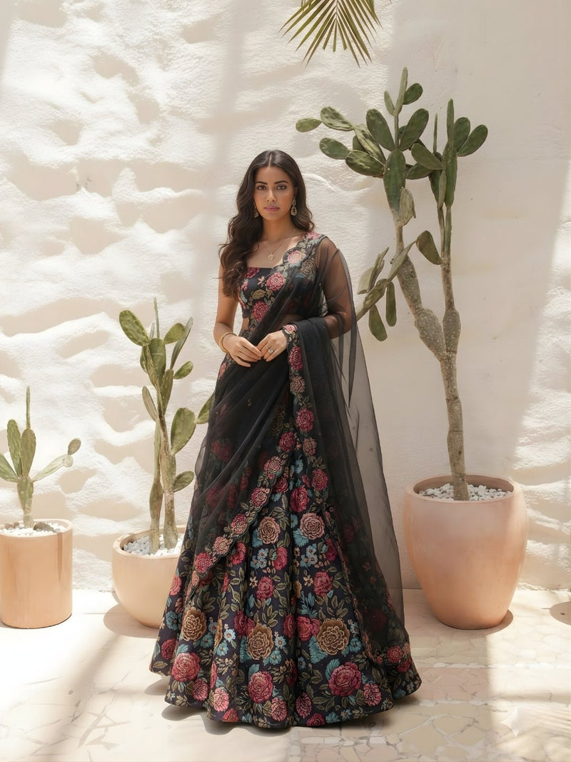 Midnight Bloom Printed Silk Lehenga Set - Alizeh Official