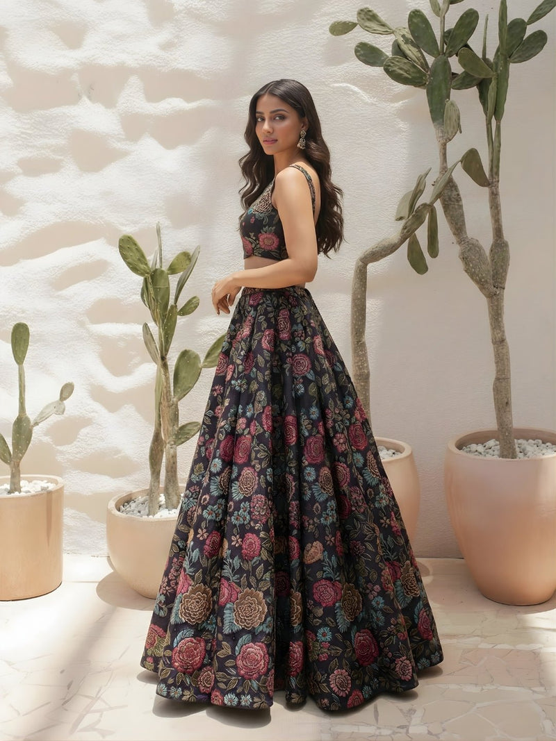 Midnight Bloom Printed Silk Lehenga Set - Alizeh Official